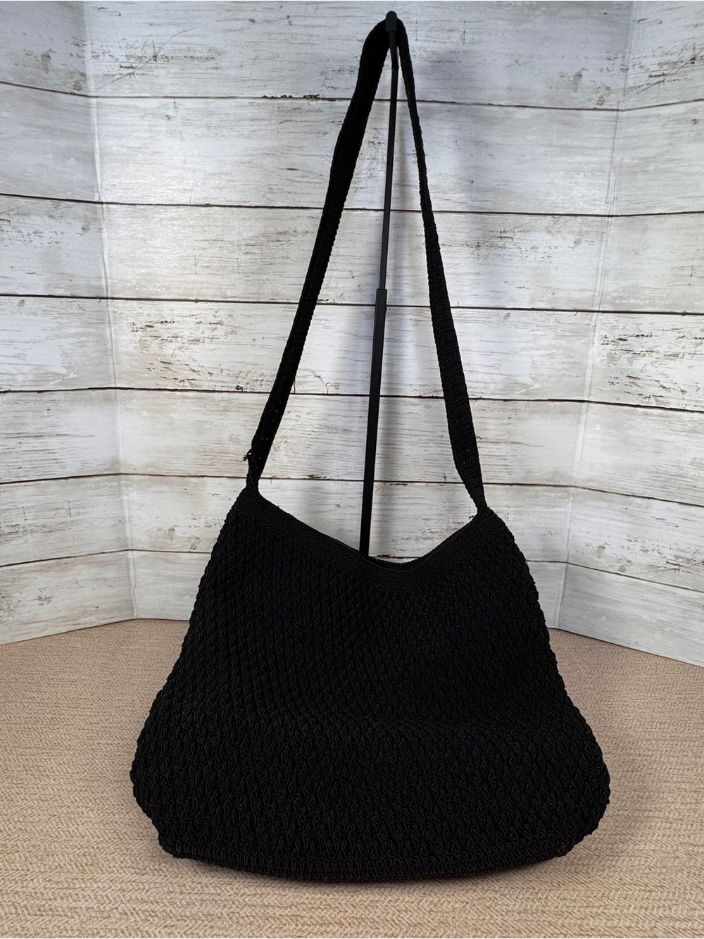 Liz Claiborne Black Woven Crochet Crossbody Bag Seashell Lining